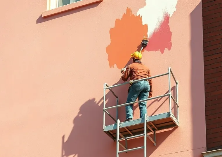 Peintre sur échafaudage traitant la façade d'une maison